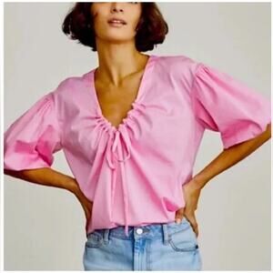Elizabeth & James | Women’s Pink Tie Neck V-Neck Puff Sleeve Blouse Top Spring M